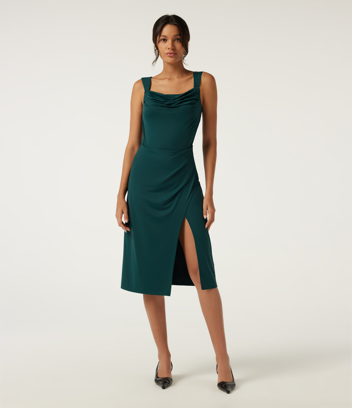 Cowl Neck Sleeveless Split Hem Party Midi Dress with Built-in Bra, Built-in Shorts and Pockets - Edition — Verdigris — view 2