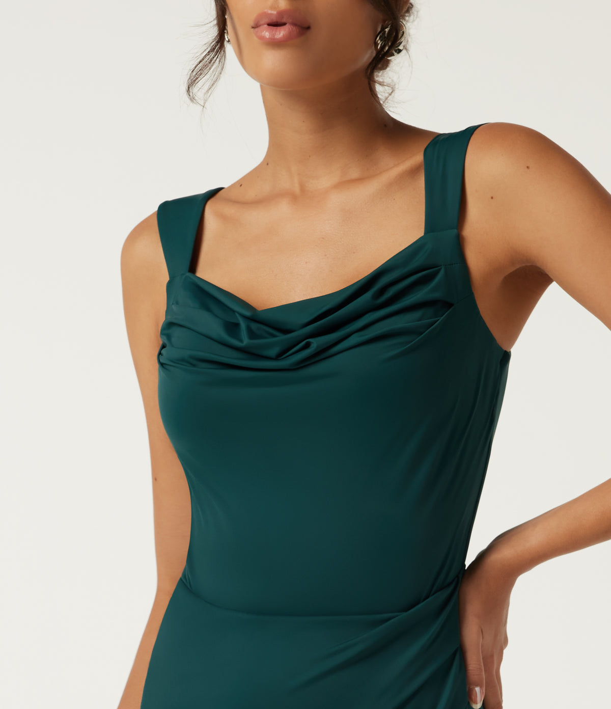 Cowl Neck Sleeveless Split Hem Party Midi Dress with Built-in Bra, Built-in Shorts and Pockets - Edition — Verdigris — view 4