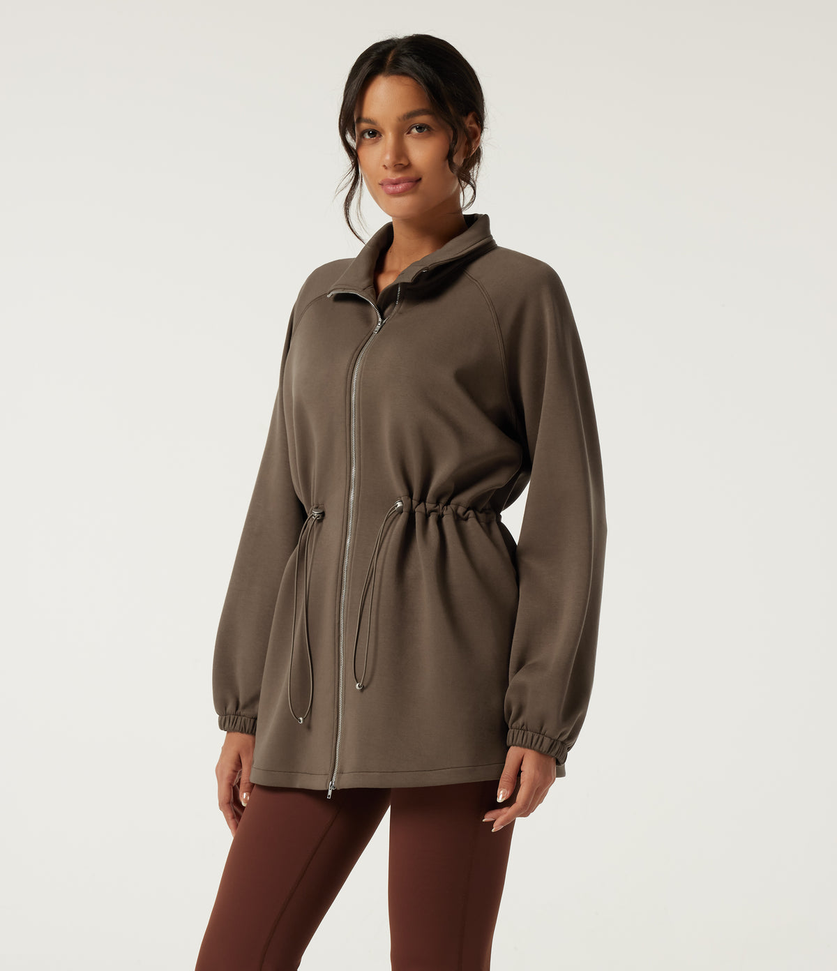 Stand Collar Drawstring Long Sleeve Work Jacket — Beech — view 3