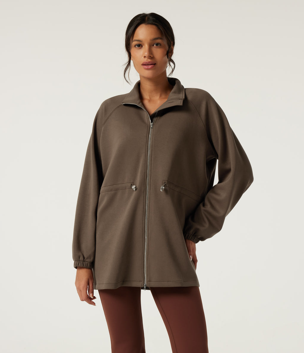 Stand Collar Drawstring Long Sleeve Work Jacket — Beech — view 4
