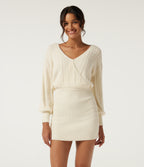 V Neck Long Sleeve Casual Sweater Mini Dress — Eggnog — view 1