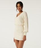 V Neck Long Sleeve Casual Sweater Mini Dress — Eggnog — view 3