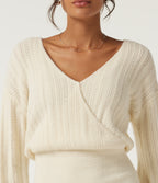 V Neck Long Sleeve Casual Sweater Mini Dress — Eggnog — view 4