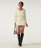 V Neck Long Sleeve Casual Sweater Mini Dress — Eggnog — view 7