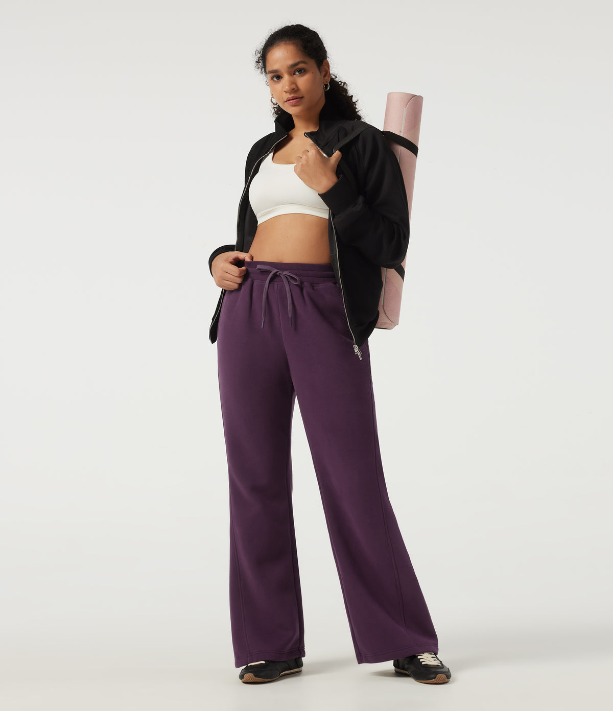 High Waisted Drawstring Baggy Fleece Casual Cotton Sweatpants with Pockets — Italian Plum — view 4