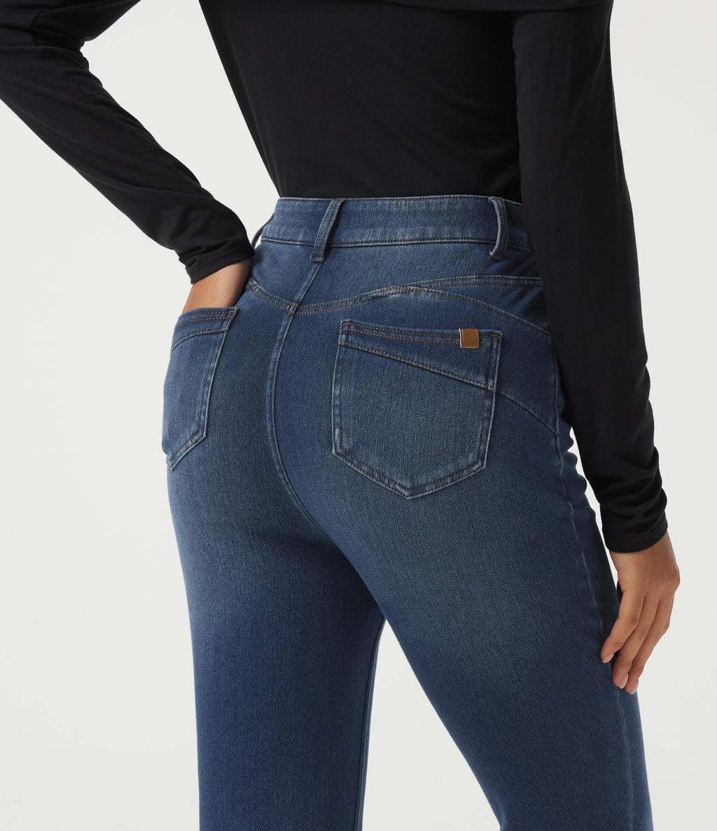 High Waisted Casual Cotton Jeans with Pockets — Estate Blue Denim — view 6