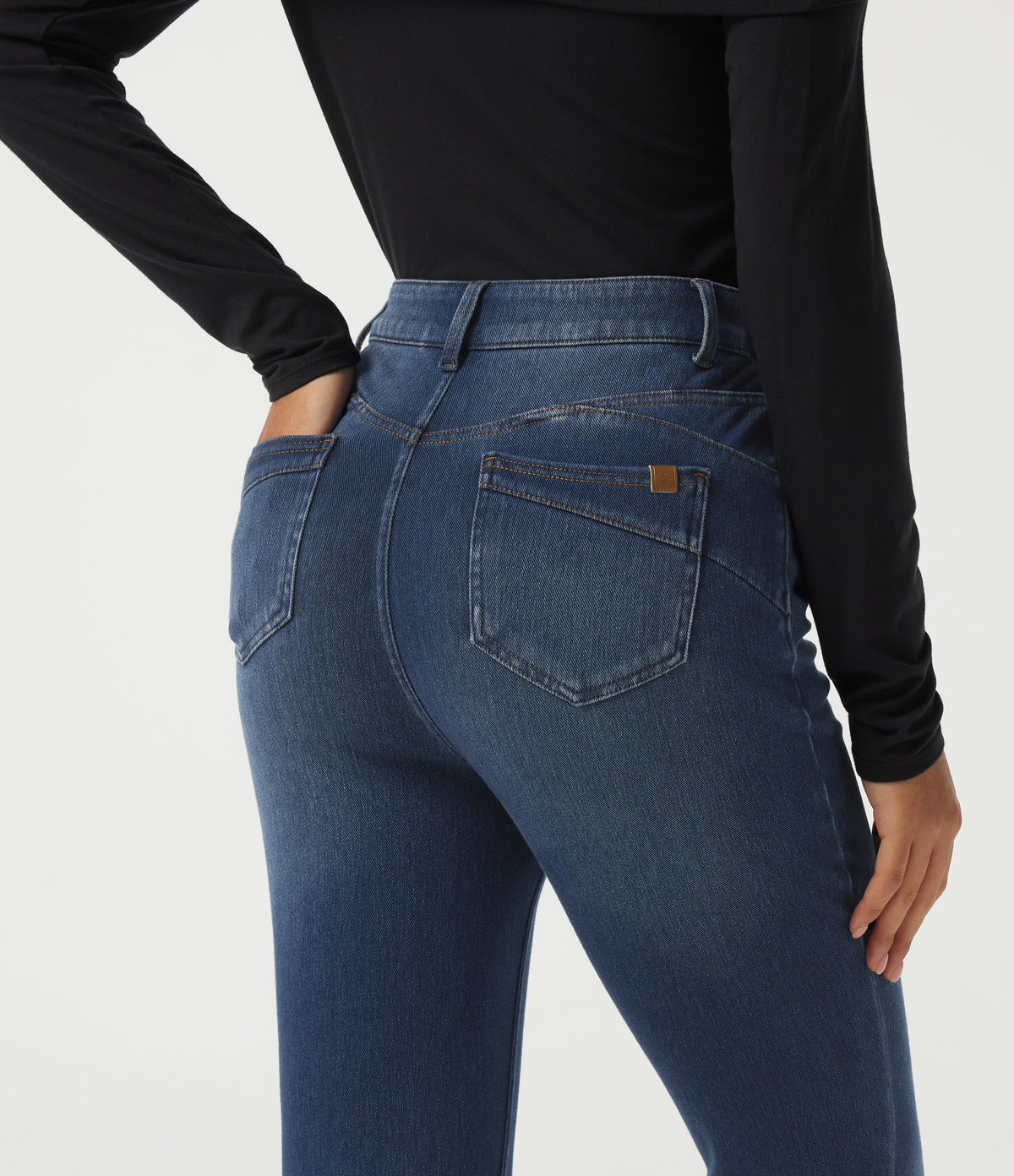 High Waisted Casual Cotton Jeans with Pockets — Estate Blue Denim — view 6