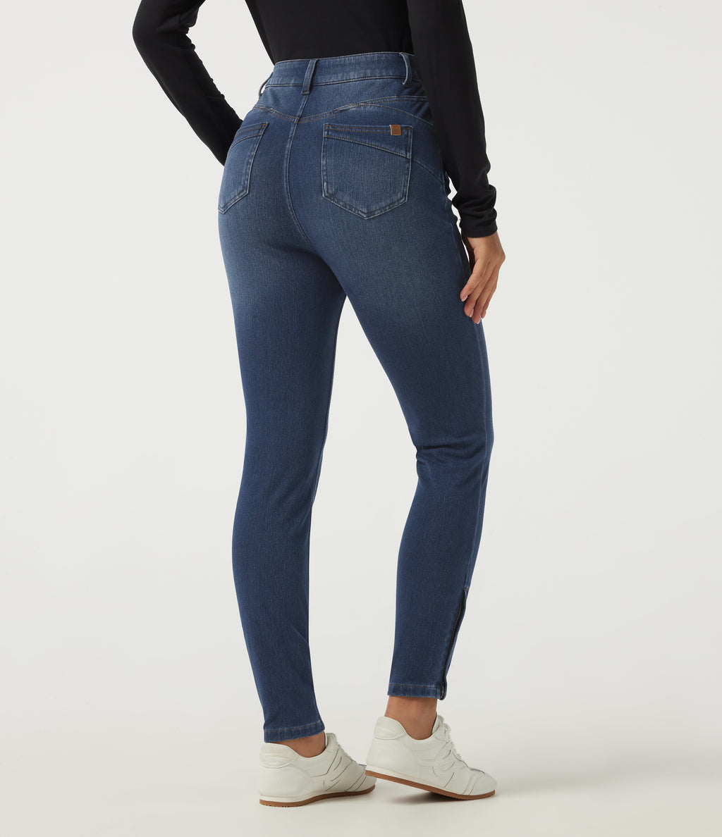 High Waisted Casual Cotton Jeans with Pockets — Estate Blue Denim — view 2