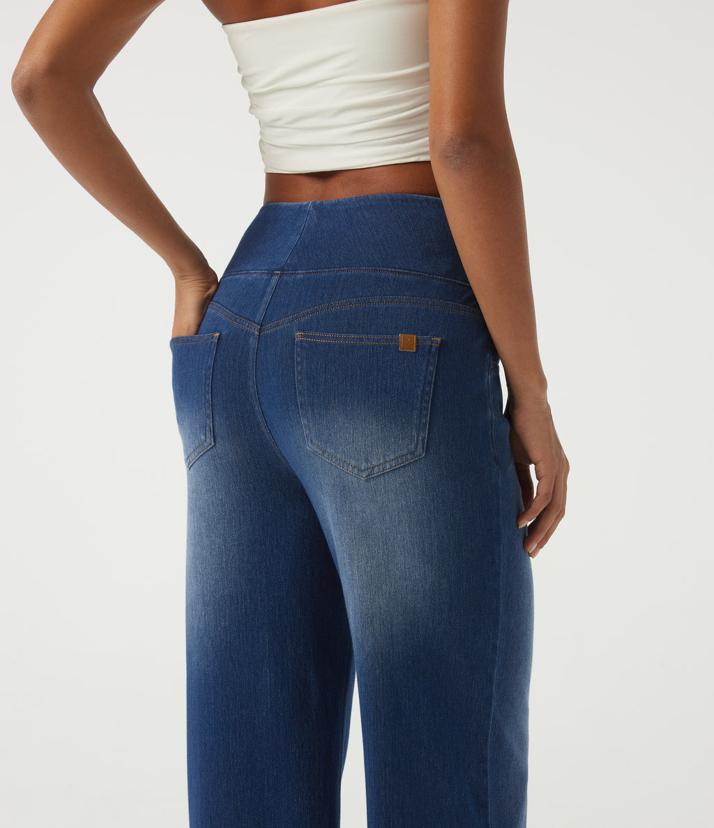 High Waisted Tummy Control Straight Leg Casual Cotton Jeans with Pockets — Tide Blue Denim — view 5