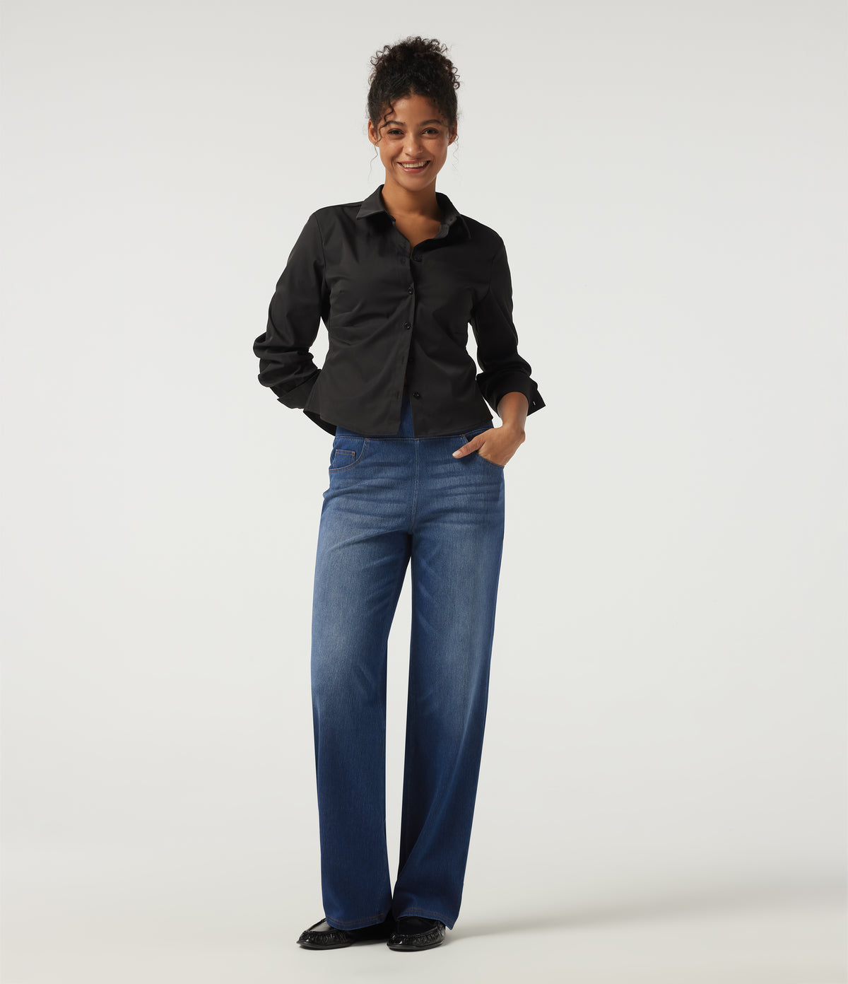 High Waisted Tummy Control Straight Leg Casual Cotton Jeans with Pockets — Tide Blue Denim — view 7