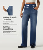 High Waisted Tummy Control Straight Leg Casual Cotton Jeans with Pockets — Tide Blue Denim — view 1
