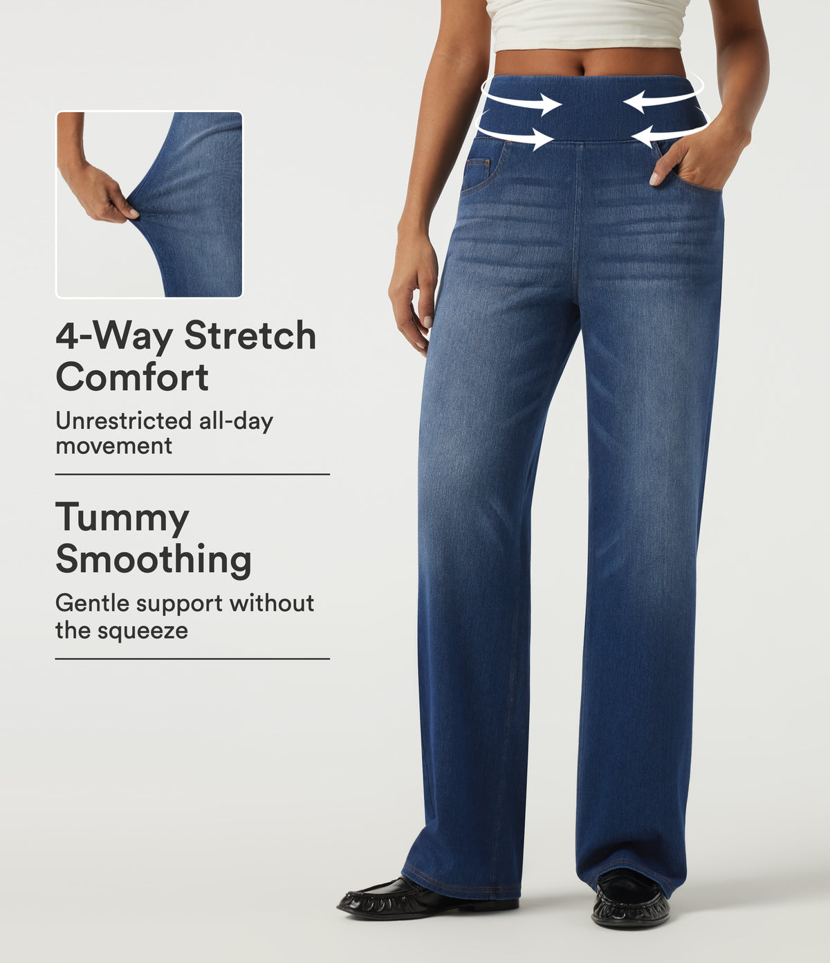 High Waisted Tummy Control Straight Leg Casual Cotton Jeans with Pockets — Tide Blue Denim — view 1