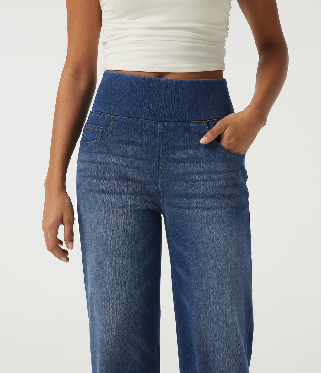 High Waisted Tummy Control Straight Leg Casual Cotton Jeans with Pockets — Tide Blue Denim — view 4