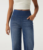High Waisted Tummy Control Straight Leg Casual Cotton Jeans with Pockets — Tide Blue Denim — view 4