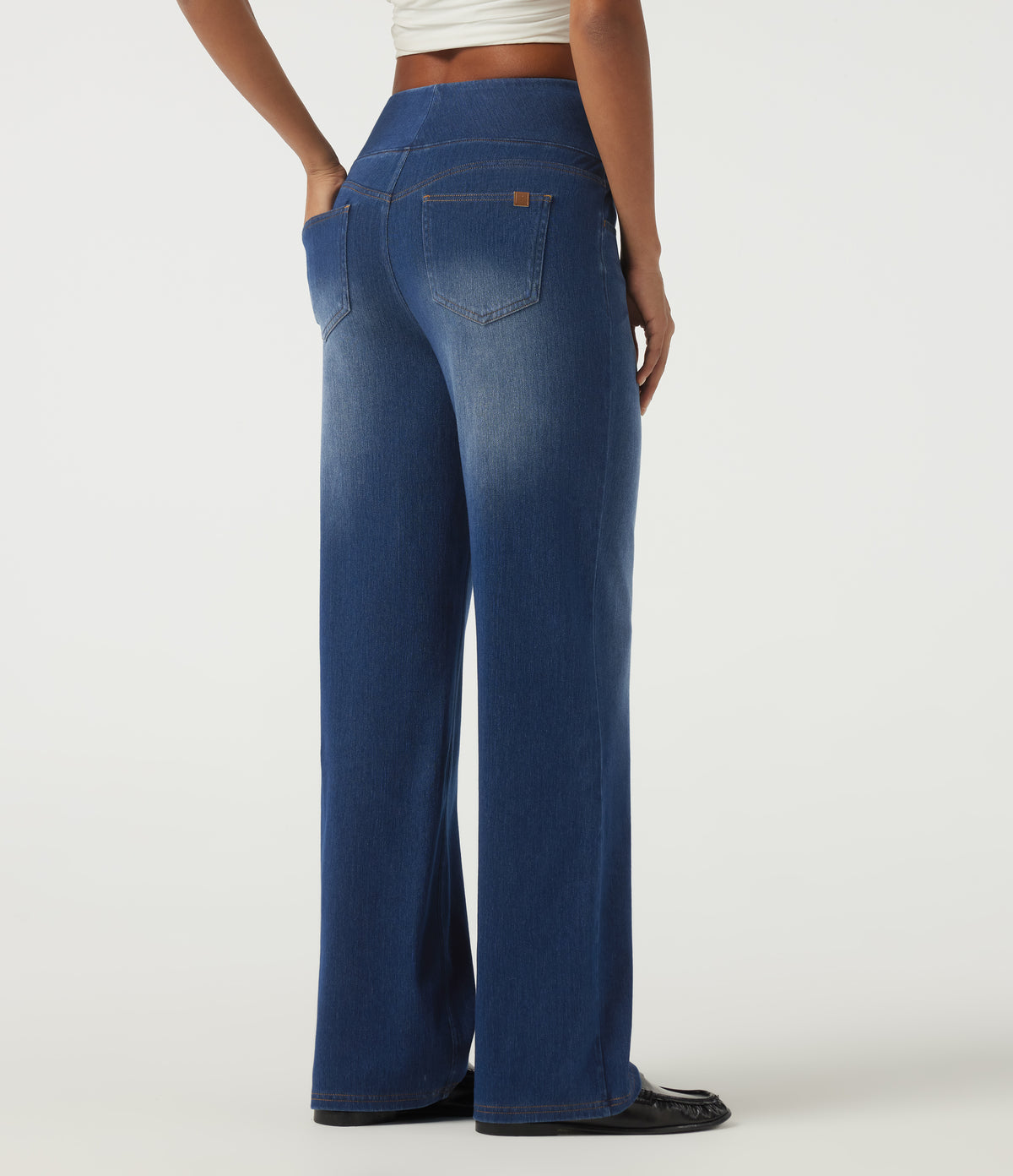 High Waisted Tummy Control Straight Leg Casual Cotton Jeans with Pockets — Tide Blue Denim — view 2