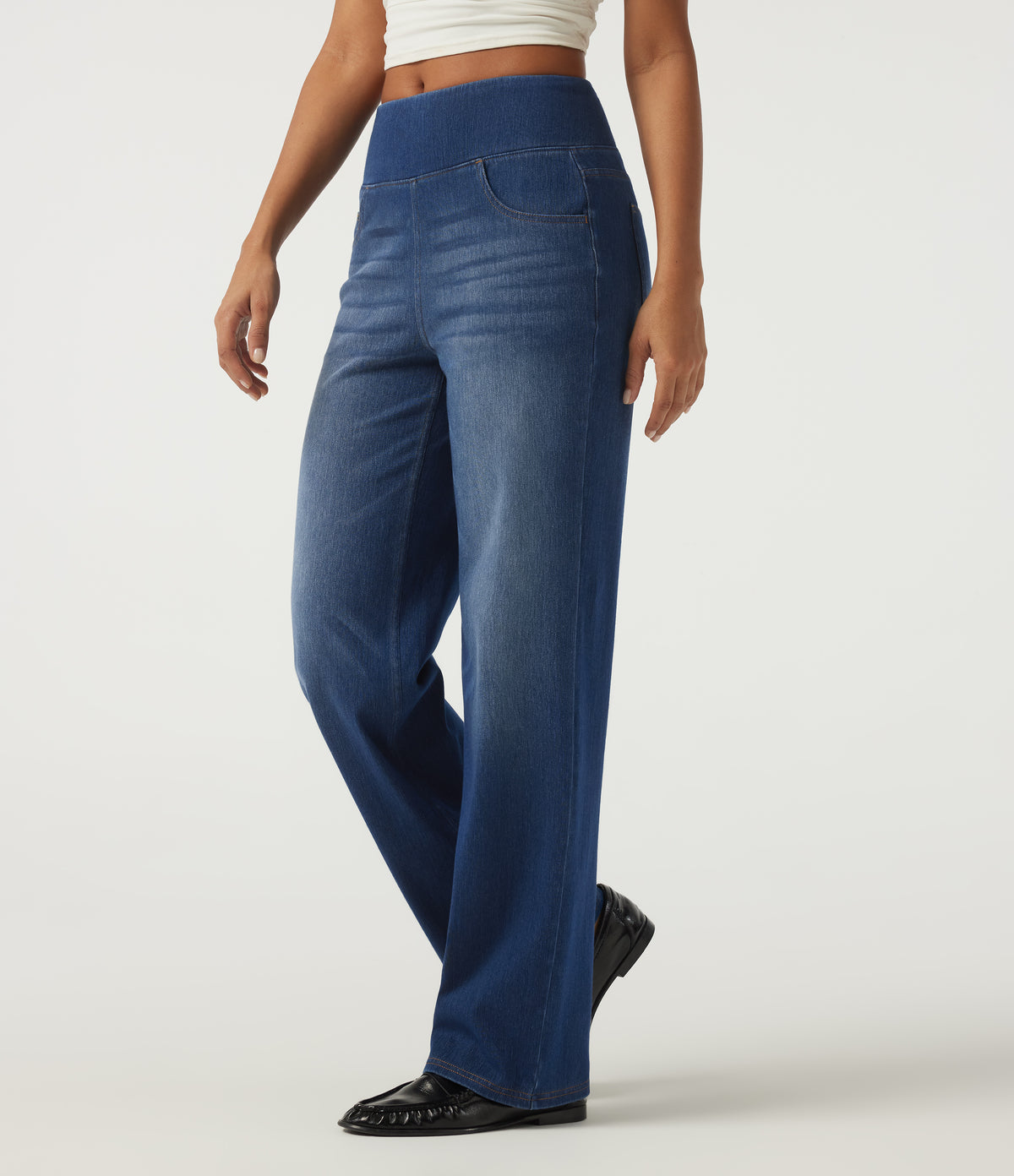 High Waisted Tummy Control Straight Leg Casual Cotton Jeans with Pockets — Tide Blue Denim — view 3