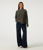 Round Neck Long Sleeve Curved Hem Corduroy Casual Sweatshirt — Black Olive — view 7