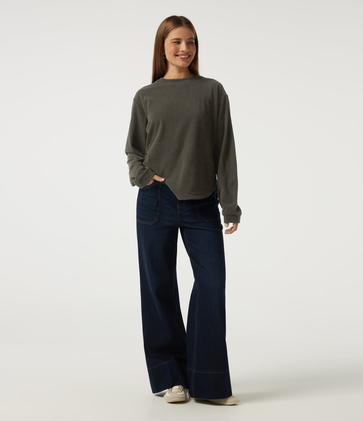 Round Neck Long Sleeve Curved Hem Corduroy Casual Sweatshirt — Black Olive — view 7