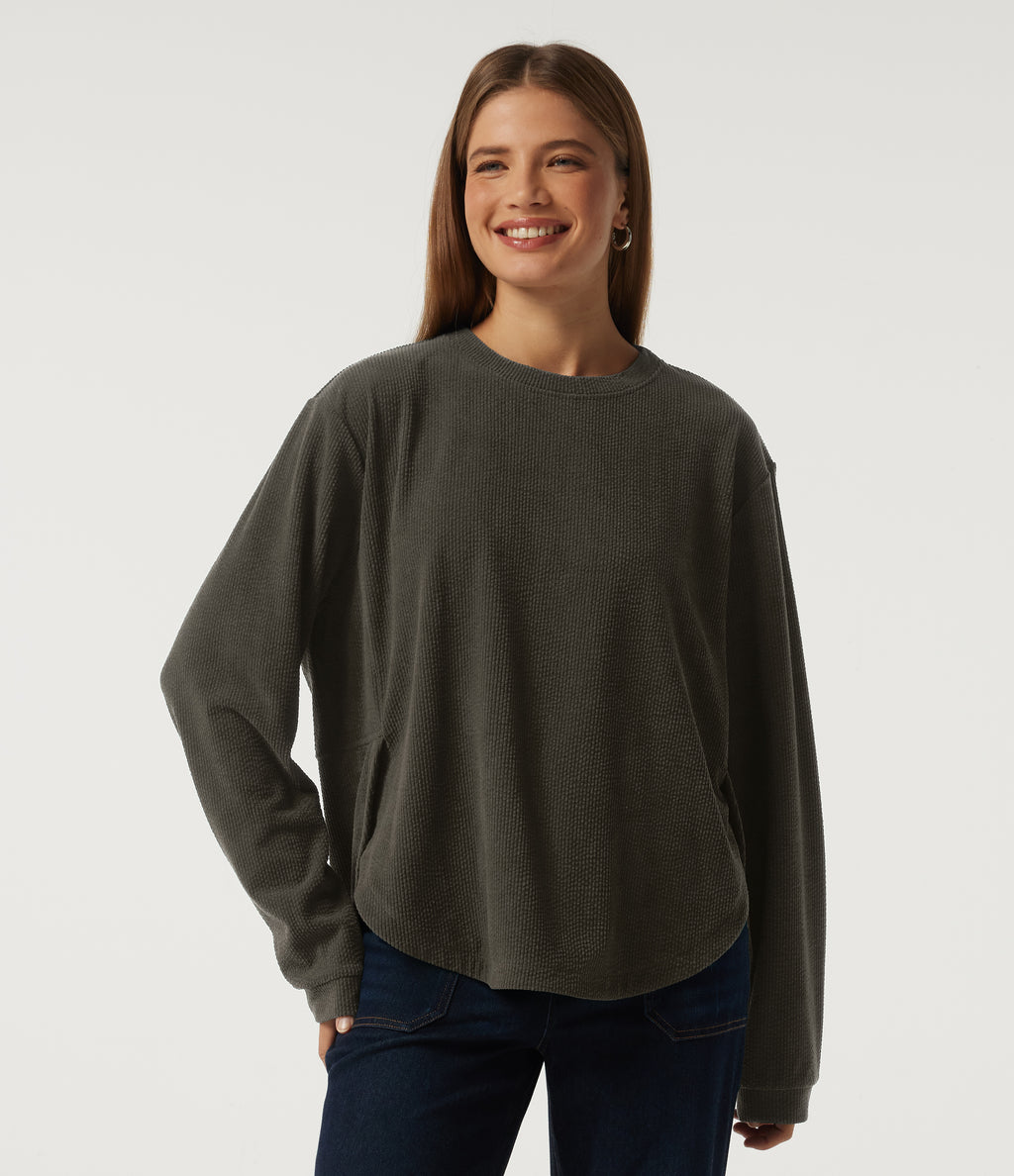 Round Neck Long Sleeve Curved Hem Corduroy Casual Sweatshirt — Black Olive — view 1