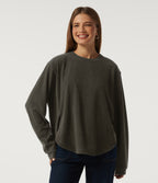 Round Neck Long Sleeve Curved Hem Corduroy Casual Sweatshirt — Black Olive — view 1