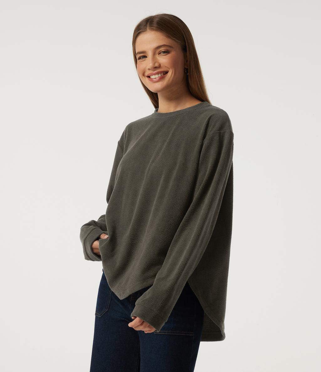 Round Neck Long Sleeve Curved Hem Corduroy Casual Sweatshirt — Black Olive — view 3