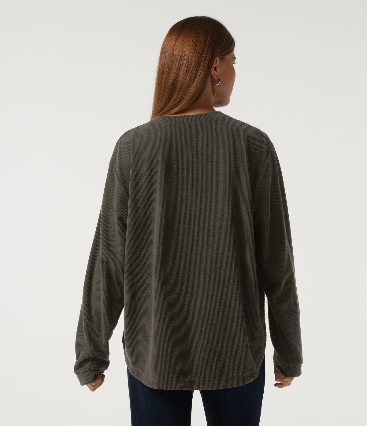 Round Neck Long Sleeve Curved Hem Corduroy Casual Sweatshirt — Black Olive — view 2