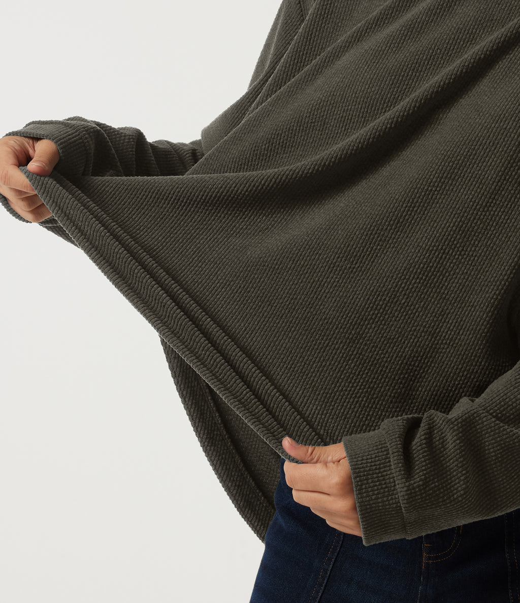 Round Neck Long Sleeve Curved Hem Corduroy Casual Sweatshirt — Black Olive — view 6