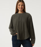 Round Neck Long Sleeve Curved Hem Corduroy Casual Sweatshirt — Black Olive — view 4