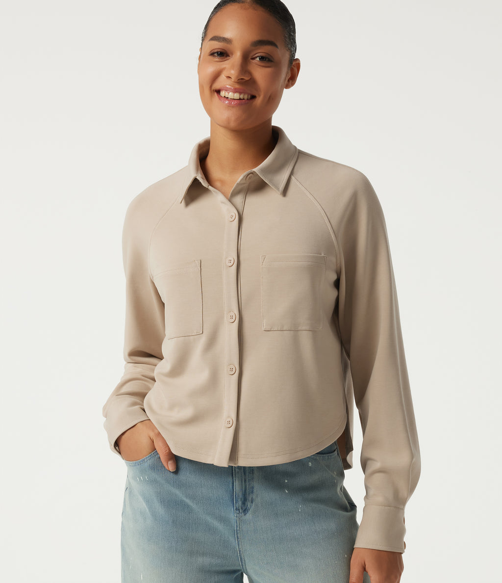 Stand Collar Long Sleeve Casual Jacket with Pockets — Humus — view 1