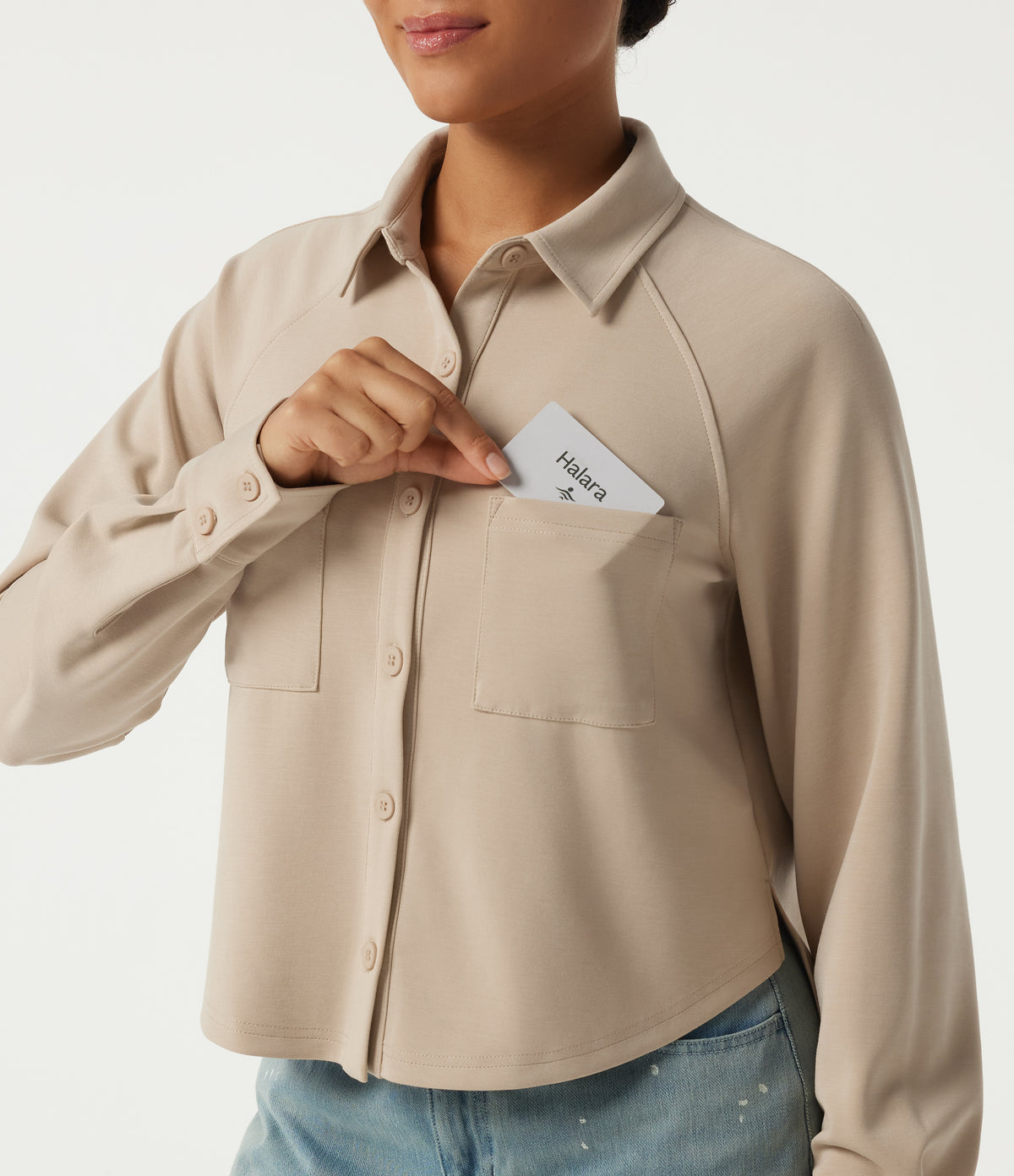 Stand Collar Long Sleeve Casual Jacket with Pockets — Humus — view 6