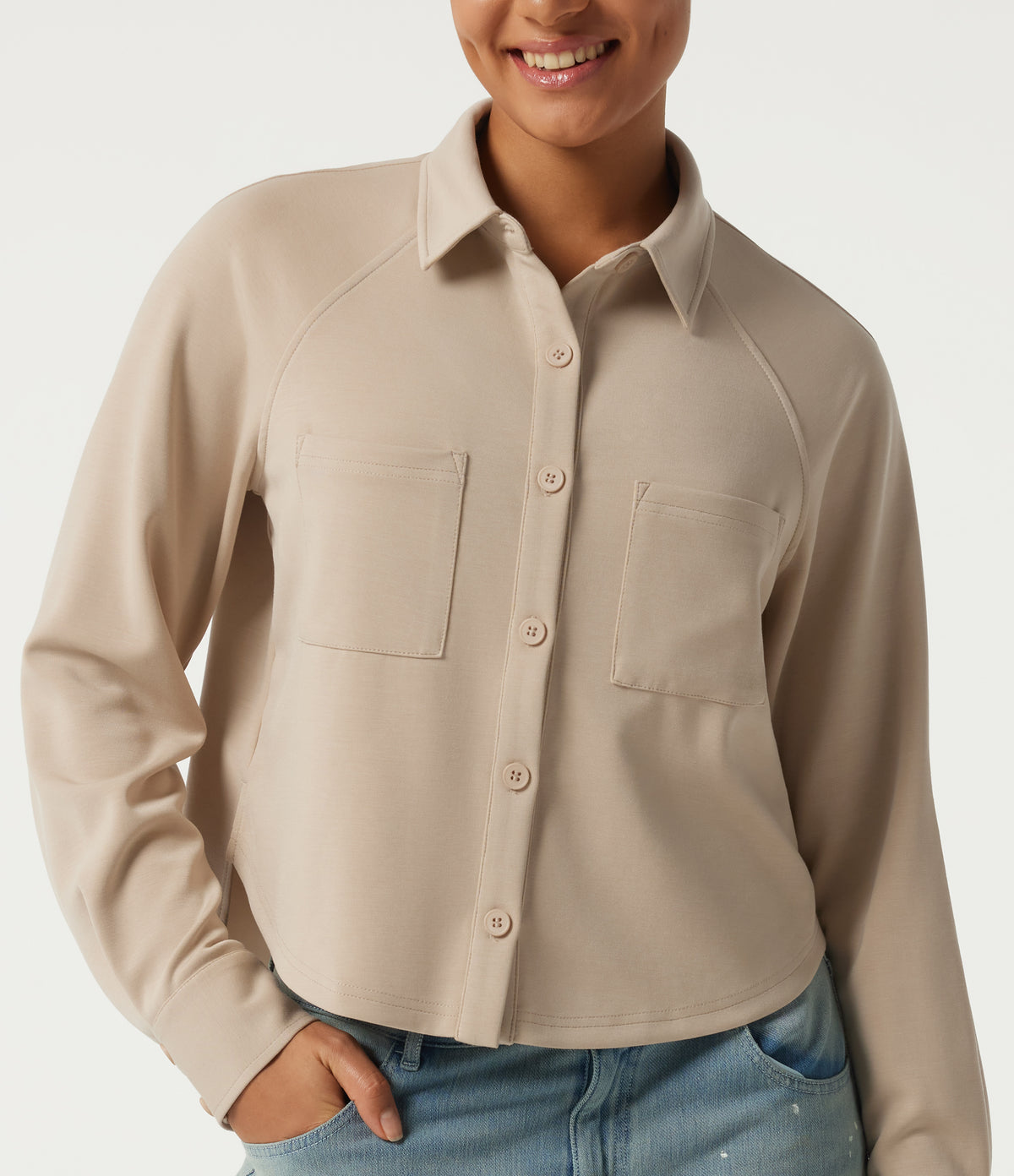 Stand Collar Long Sleeve Casual Jacket with Pockets — Humus — view 5