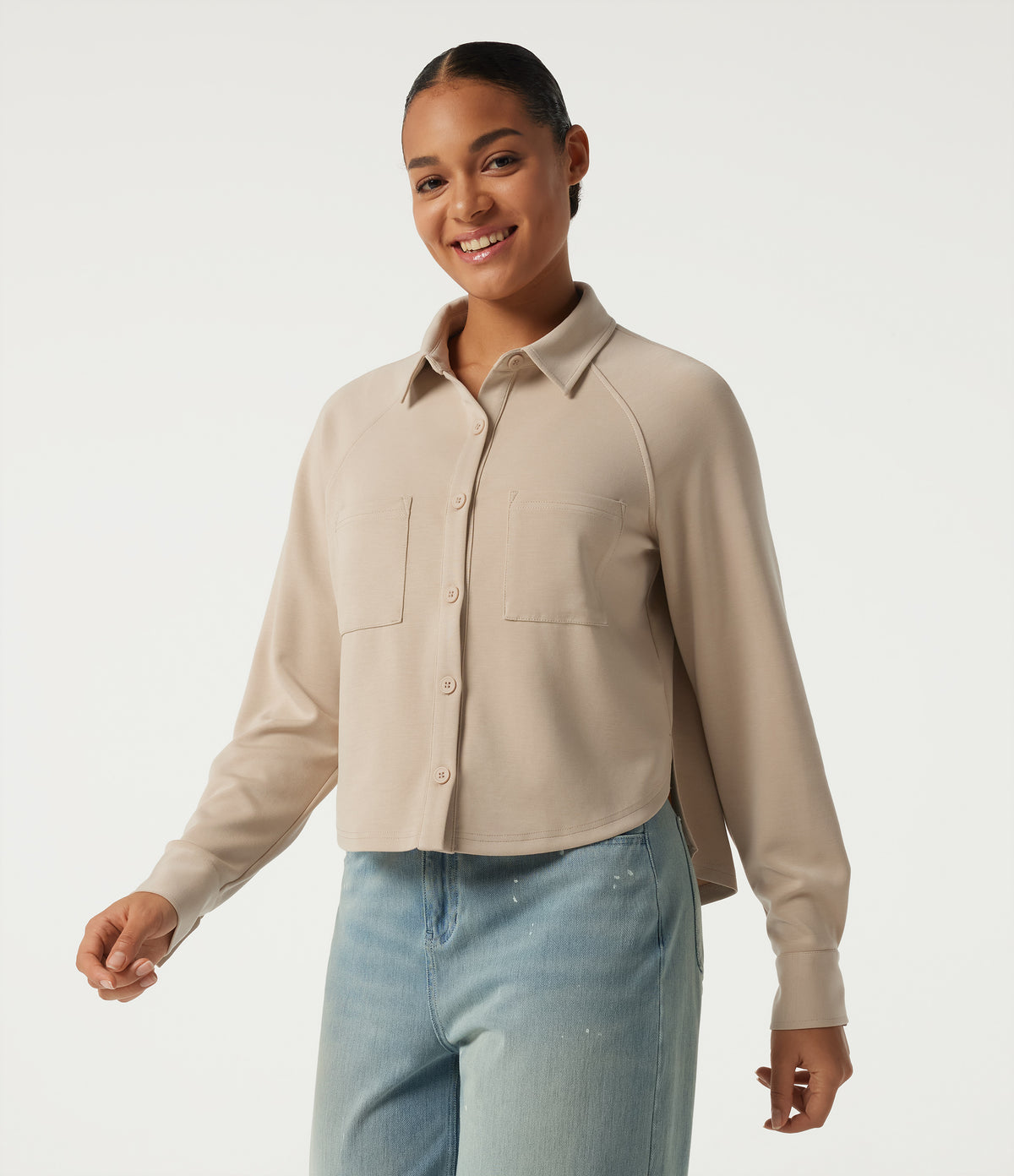 Stand Collar Long Sleeve Casual Jacket with Pockets — Humus — view 3
