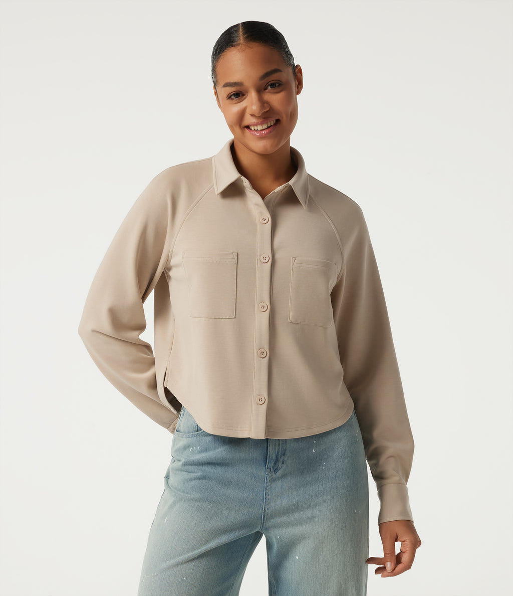Stand Collar Long Sleeve Casual Jacket with Pockets — Humus — view 4