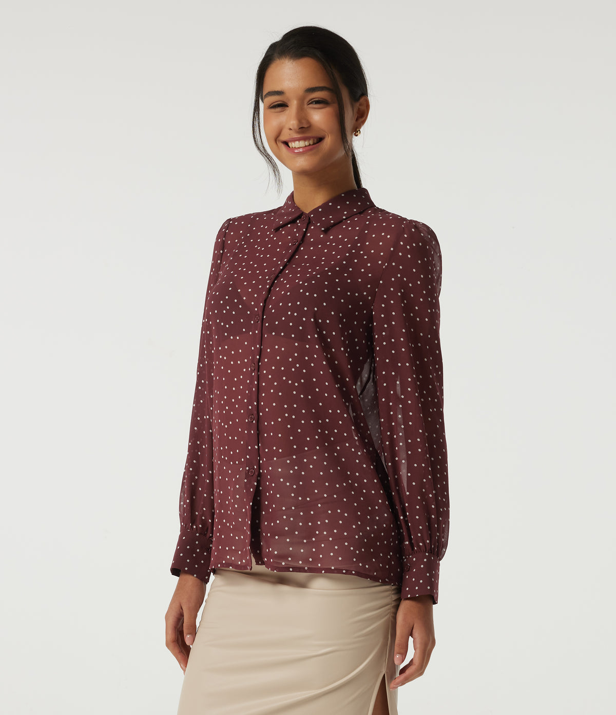 Long Sleeve Polka Dot Casual Chiffon Shirt — Merlot Gala Dot — view 4