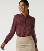 Long Sleeve Polka Dot Casual Chiffon Shirt — Merlot Gala Dot — view 1