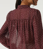 Long Sleeve Polka Dot Casual Chiffon Shirt — Merlot Gala Dot — view 6