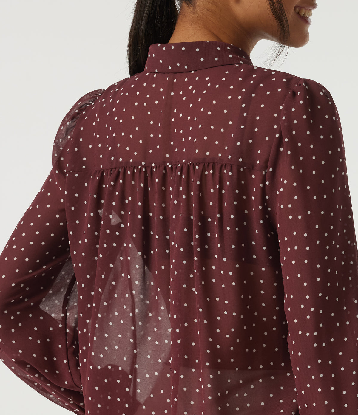 Long Sleeve Polka Dot Casual Chiffon Shirt — Merlot Gala Dot — view 6