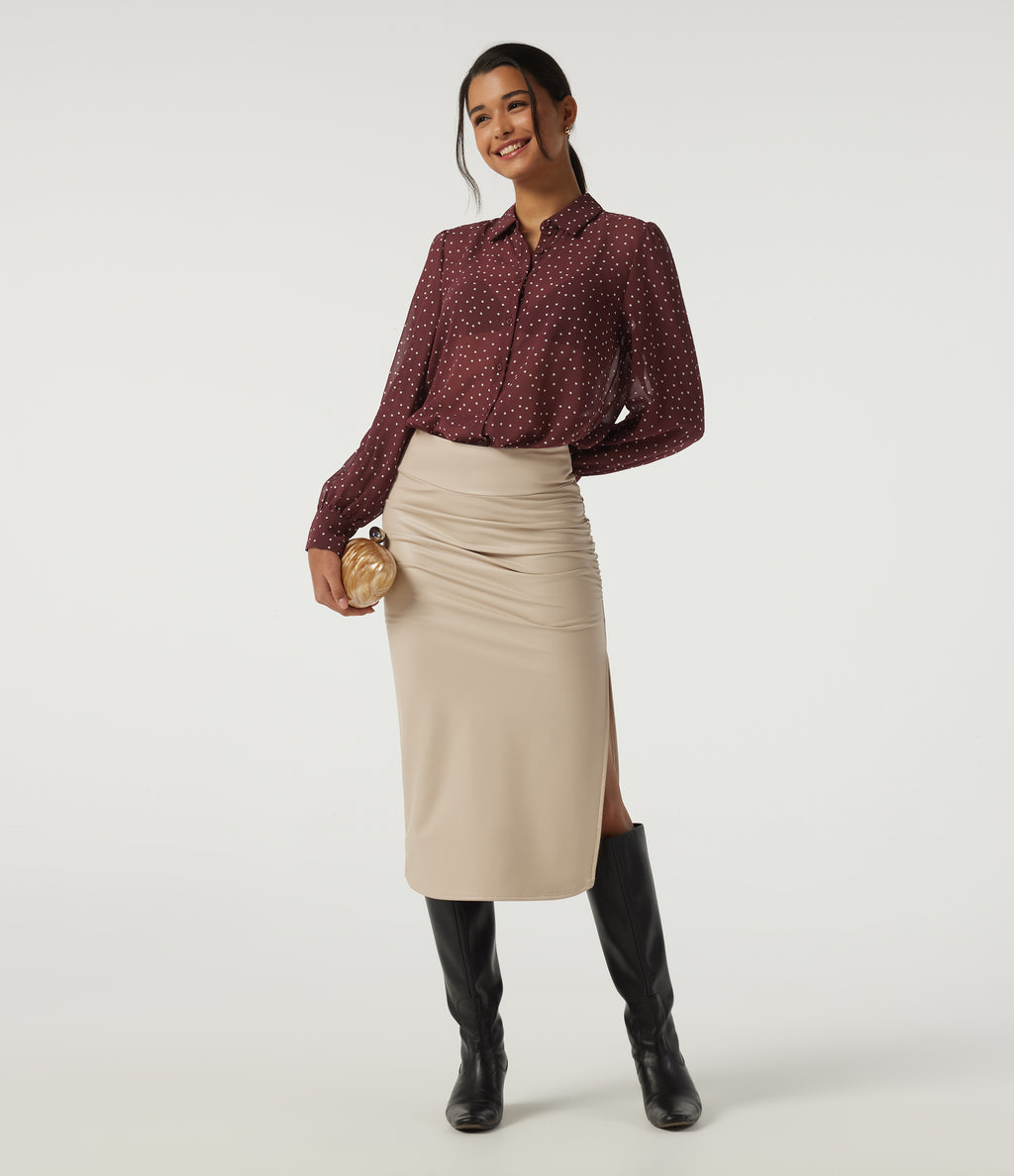 Long Sleeve Polka Dot Casual Chiffon Shirt — Merlot Gala Dot — view 7