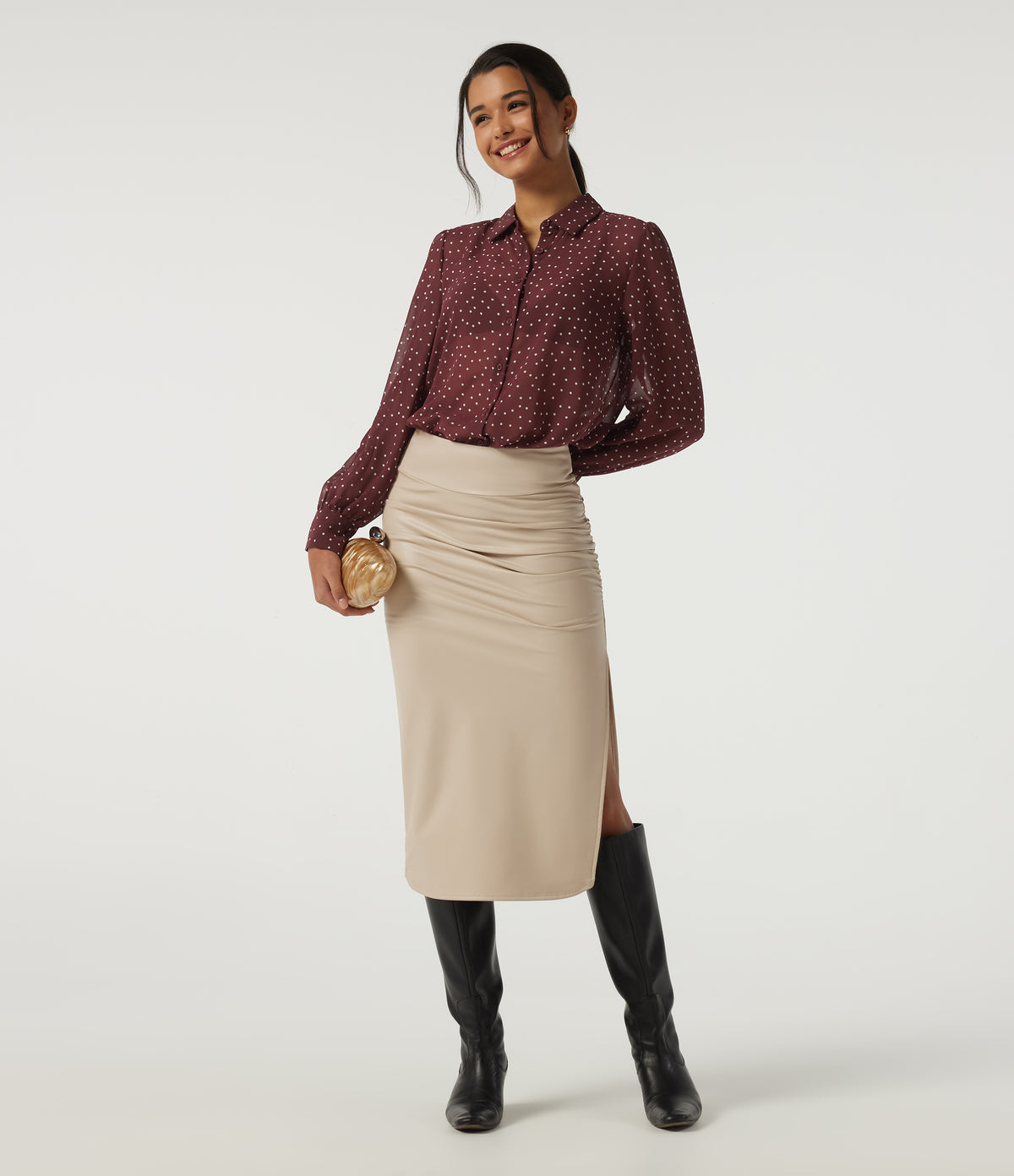 Long Sleeve Polka Dot Casual Chiffon Shirt — Merlot Gala Dot — view 7