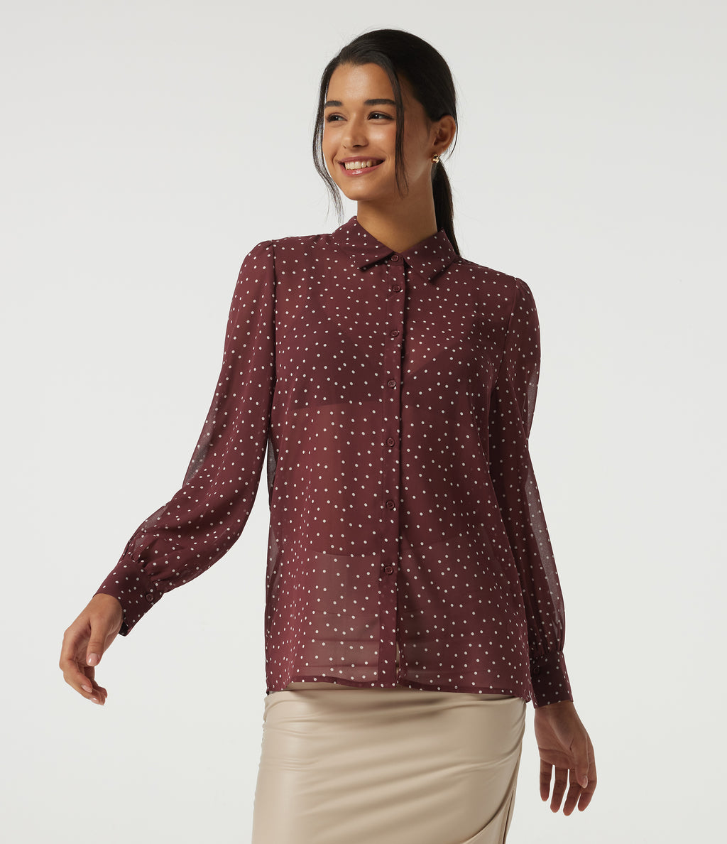 Long Sleeve Polka Dot Casual Chiffon Shirt — Merlot Gala Dot — view 3