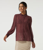 Long Sleeve Polka Dot Casual Chiffon Shirt — Merlot Gala Dot — view 3