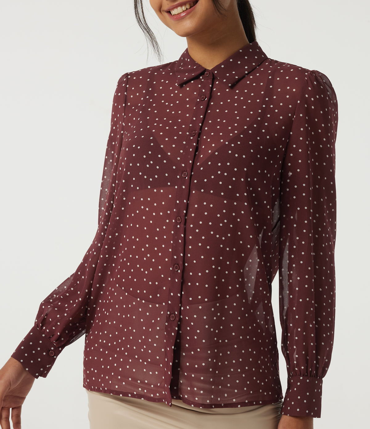 Long Sleeve Polka Dot Casual Chiffon Shirt — Merlot Gala Dot — view 5