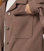 Lapel Collar Long Sleeve Pleated Corduroy Casual Shacket with Pockets — Coca Mocha — view 6