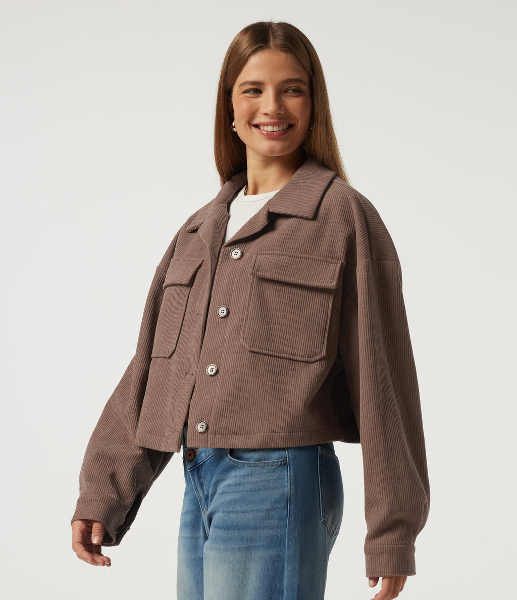 Lapel Collar Long Sleeve Pleated Corduroy Casual Shacket with Pockets — Coca Mocha — view 3
