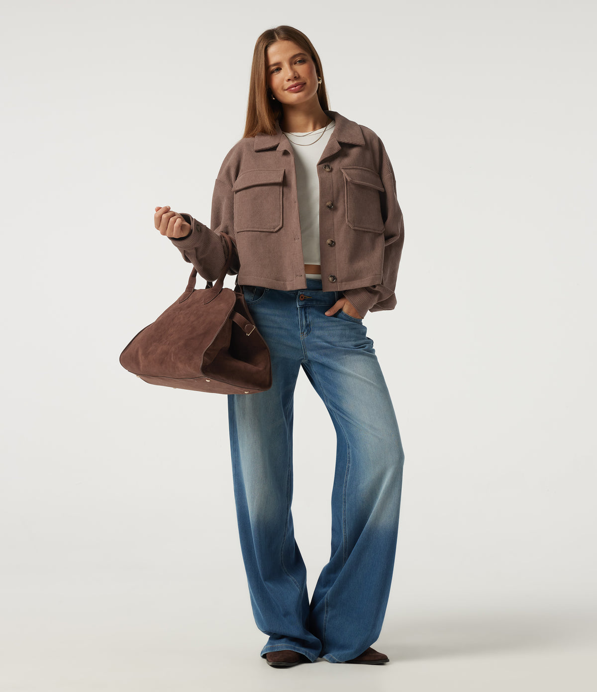 Lapel Collar Long Sleeve Pleated Corduroy Casual Shacket with Pockets — Coca Mocha — view 8