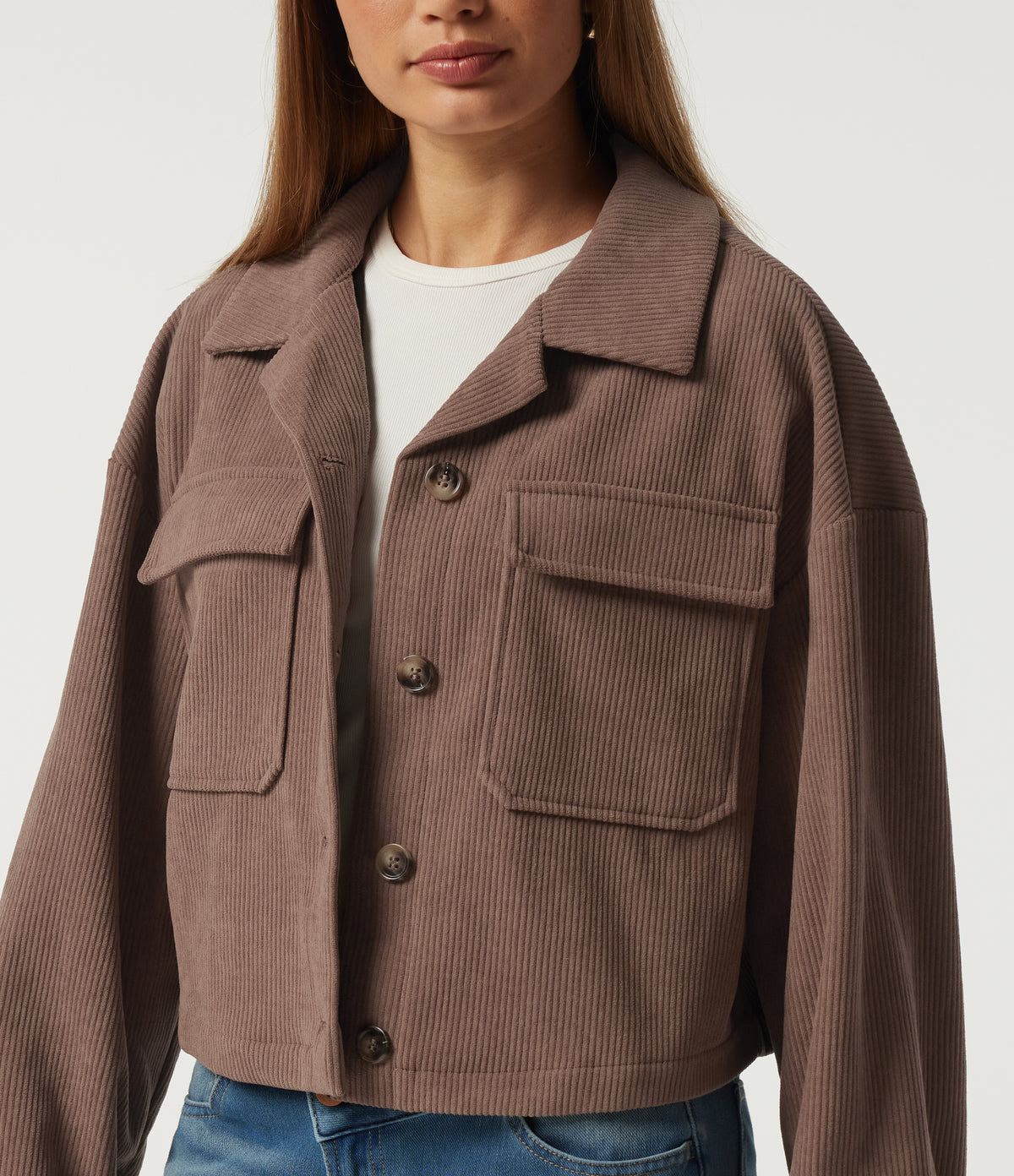 Lapel Collar Long Sleeve Pleated Corduroy Casual Shacket with Pockets — Coca Mocha — view 5