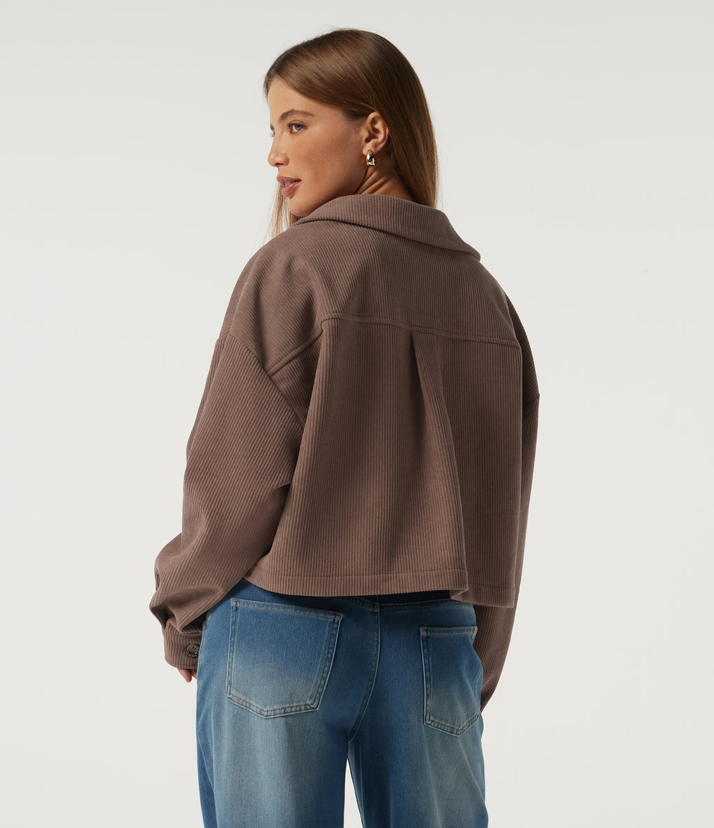 Lapel Collar Long Sleeve Pleated Corduroy Casual Shacket with Pockets — Coca Mocha — view 2