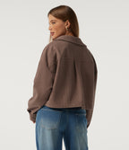 Lapel Collar Long Sleeve Pleated Corduroy Casual Shacket with Pockets — Coca Mocha — view 2