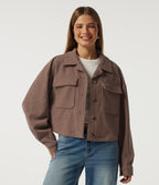 Lapel Collar Long Sleeve Pleated Corduroy Casual Shacket with Pockets — Coca Mocha — view 1