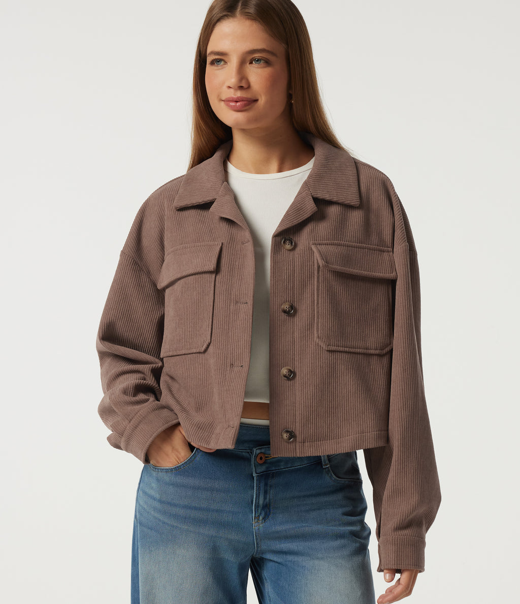 Lapel Collar Long Sleeve Pleated Corduroy Casual Shacket with Pockets — Coca Mocha — view 4
